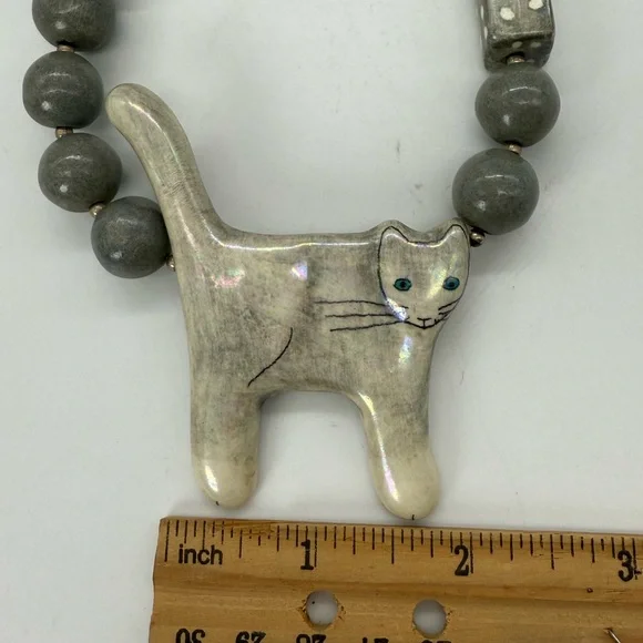 Whimsical Ceramic Grey Cat Necklace Handmade Folk Artisan Jewelry Studio Art OAK - Picture 6 of 6